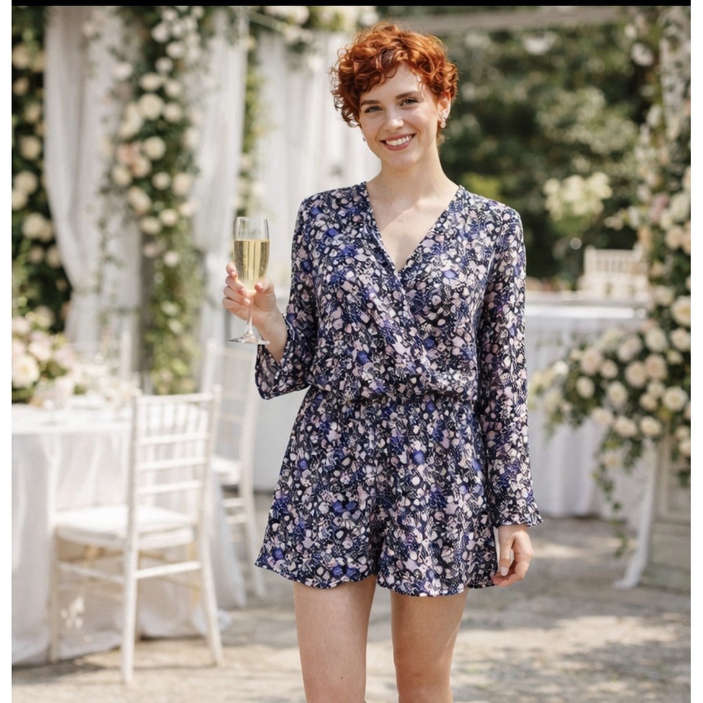 BCBGeneration Blue Floral‎ Long Sleeve Deep V Mini Dress Romantic Boho– Size S